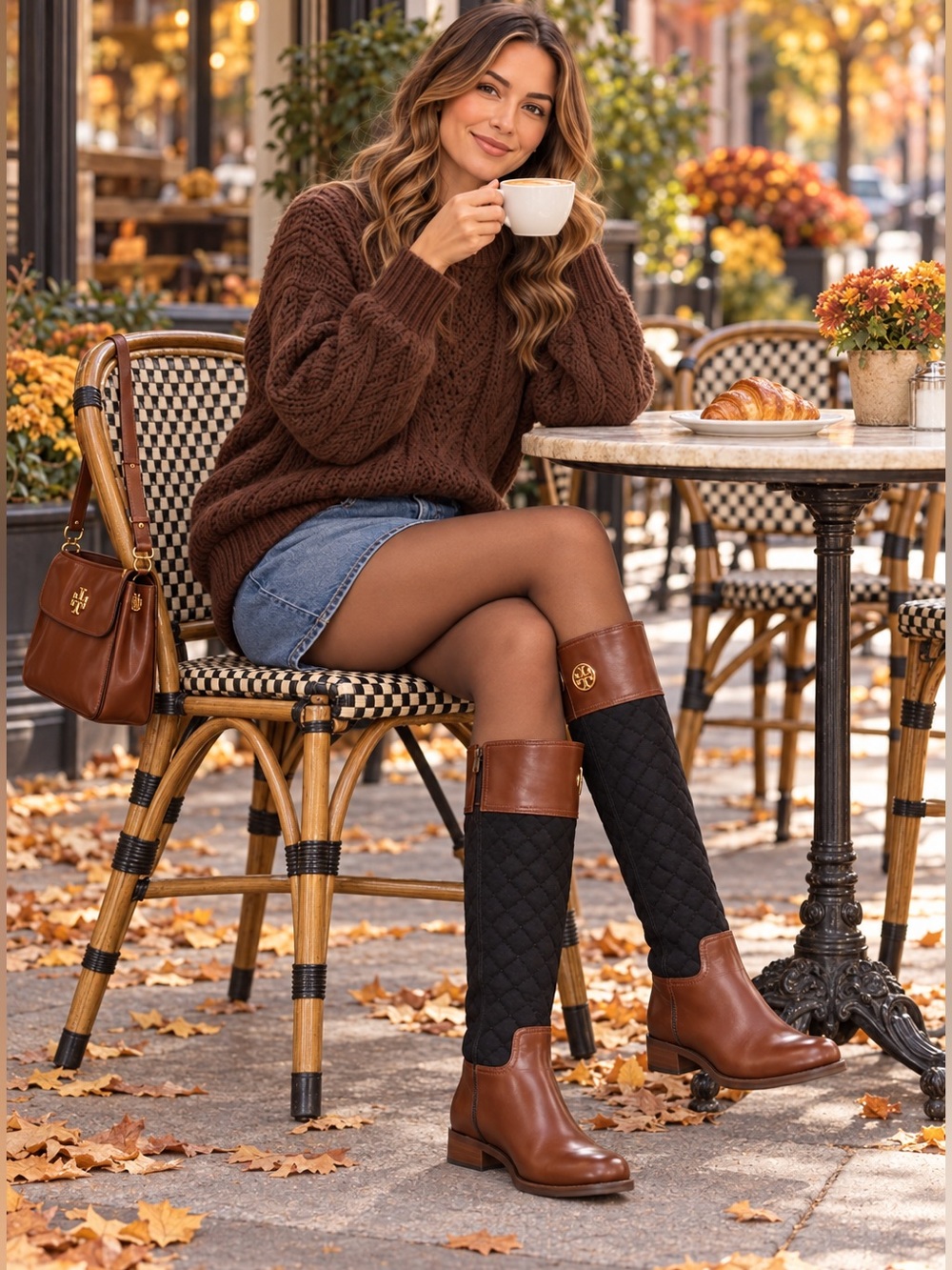 Tory Burch Rosalie Brown Leather & Black Quilted  Riding Boots 6